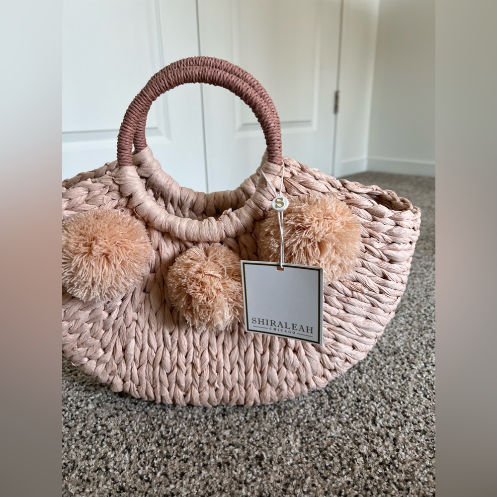 Blush woven tote with poms